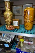 THREE BOXES AND LOOSE CERAMICS, GLASSWARE, CLOCK, SMALL MODERN AFRICAN WOODEN BOWL, etc, to