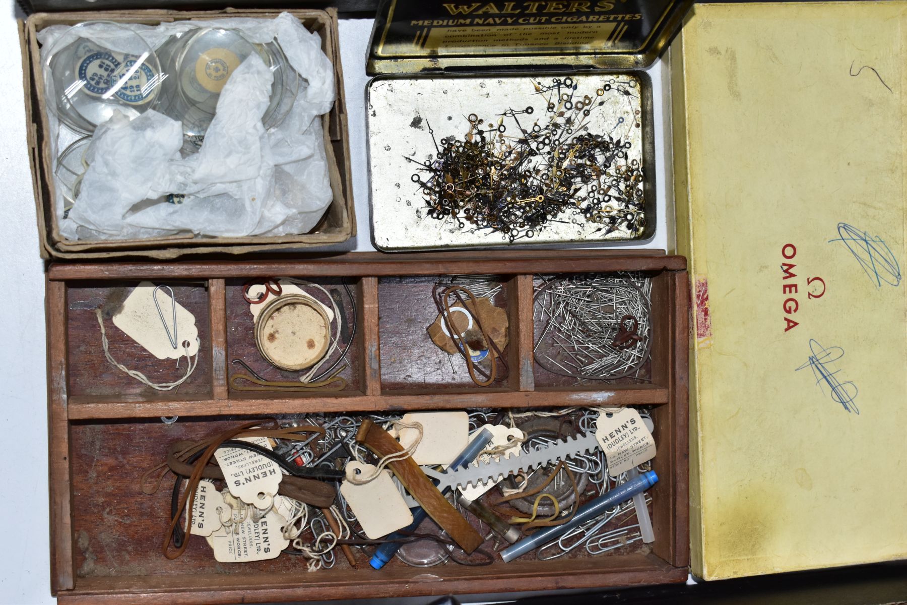 TWO BOXES OF ASSORTED WATCH MAKERS PARTS, GLASSES, COGS, SPRINGS, CROWNS, DECONSTTUCTED WATCH - Image 3 of 30