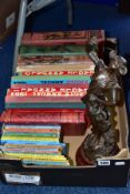 A BOX OF BOOKS AND ANNUALS, PRINTS AND A SPELTER FIGURE, the books to include Ladybird books,