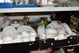 FIVE BOXES OF KITCHEN WARES, ETC, to include a quantity of assorted St. Michaels relief moulded