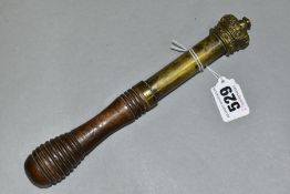 A VICTORIAN BRASS TIPSTAFF ON A TURNED WOODEN HANDLE, with crown finial, unmarked, length 22cm