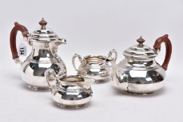 A LATE GEORGE V FOUR PIECE SILVER TEA SERVICE SET, comprising of a teapot, plain polished design,