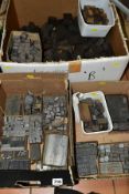 THREE BOXES OF METAL AND WOODEN PRINTING BLOCKS, includes letters, floral and decorative designs,