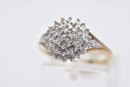 A 9CT GOLD DIAMOND CLUSTER RING, tiered cluster set with single cut diamonds, diamond detailed