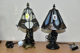 TWO REPRODUCTION TABLE LAMPS WITH LEADED GLASS SHADES, one with dragonflies, bronzed bases, not