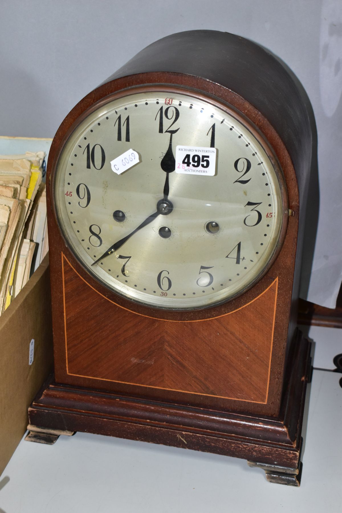 AN EARLY 20TH CENTURY JUNGHENS MAHOGANY STAINED WALNUT AND SATINWOOD STRUNG DOME TOP MANTEL CLOCK, - Image 2 of 5