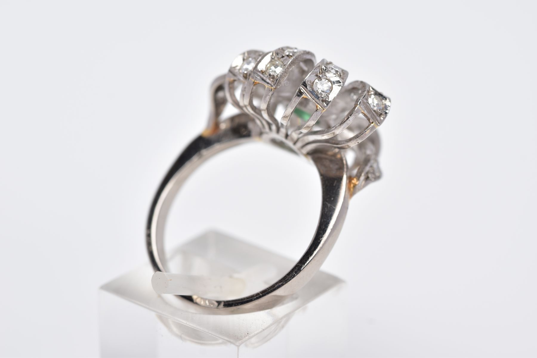 A WHITE METAL EMERALD AND DIAMOND RING, set with a central oval cut emerald (internal fracture - Image 6 of 10