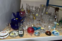 A QUANTITY OF CUT AND COLOURED GLASS, ETC, to include vases, brandy balloons, sherry glasses,