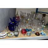 A QUANTITY OF CUT AND COLOURED GLASS, ETC, to include vases, brandy balloons, sherry glasses,