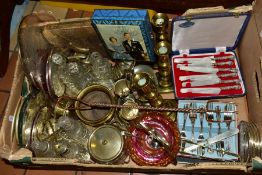 A TRAY OF METALWARE, etc to include cased set of six sterling silver handled butter knives, other