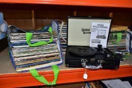 THREE BAGS AND TWO CASES OF RECORDS AND A GLOBAL G12MOS MODERN TURNTABLE, to include ELO, John