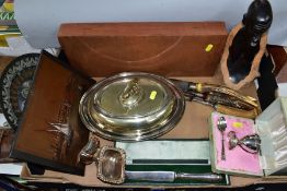 A TRAY OF SUNDRIES, to include EPNS entree dish, a pair of salts, boxed stainless steel egg cup