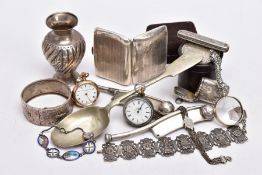 A SELECTION OF SILVER AND WHITE METAL ITEMS, to include a silver cigarette case of an engine turn