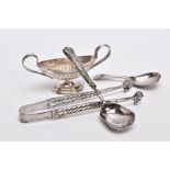 A SELECTION OF SILVER ITEMS, to include a pair of pierced sugar tongs with shell shaped ends,