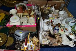 FOUR BOXES OF CERAMICS, GLASSWARE, KITCHEN CROCKERY, METALWARE, etc, including assorted ceramic