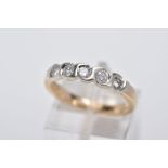 A 9CT GOLD FIVE STONE DIAMOND RING, designed with a row of round brilliant cut diamonds, each within