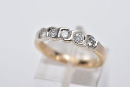 A 9CT GOLD FIVE STONE DIAMOND RING, designed with a row of round brilliant cut diamonds, each within