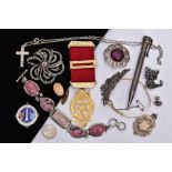 A BAG OF ASSORTED ITEMS, to include a silver gilt, Masonic fob medal fitted with a red ribbon,