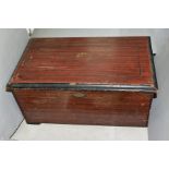 A LATE 19TH CENTURY MUSIC BOX, stained exterior, distressed, the lid interior with a card listed