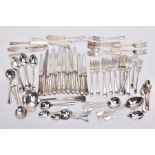 A BOX OF ASSORTED FLATWARE, to include EPNS knives, forks, tablespoons, teaspoons, soup spoons, fish