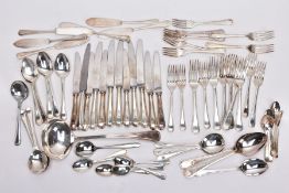 A BOX OF ASSORTED FLATWARE, to include EPNS knives, forks, tablespoons, teaspoons, soup spoons, fish