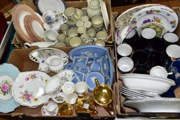 THREE BOXES OF WEDGWOOD PALE BLUE JASPERWARE, ROYAL WORCESTER 'BALMORAL' PLATES AND OTHER ASSORTED