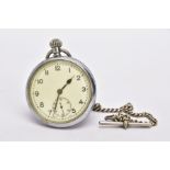 A WHITE METAL, OPEN FACE MILITARY POCKET WATCH, white metal case, white dial, Arabic numerals,