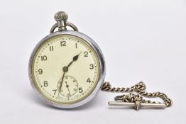 A WHITE METAL, OPEN FACE MILITARY POCKET WATCH, white metal case, white dial, Arabic numerals,