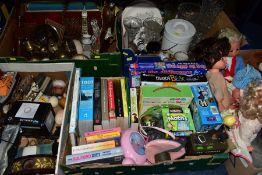 FIVE BOXES OF GAMES, CERAMICS, METALWARE, A QUANTITY OF DOLLS AND SOFT TOYS, to include Ceccon vinyl