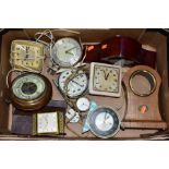 A BOX OF MANTLE AND BEDSIDE CLOCKS, to include seven bedside clocks, such as 'Westclox, Smiths,