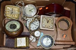 A BOX OF MANTLE AND BEDSIDE CLOCKS, to include seven bedside clocks, such as 'Westclox, Smiths,