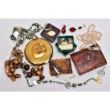A BAG OF ASSORTED ITEMS, to include a pair of silver gilt, paste set drop earrings with fish hook