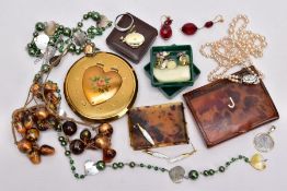 A BAG OF ASSORTED ITEMS, to include a pair of silver gilt, paste set drop earrings with fish hook