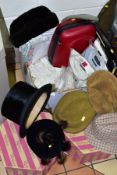 A BOX OF TABLE LINEN, LADIES AND GENTS HATS, ETC, including a heavily worn Richard Neill of