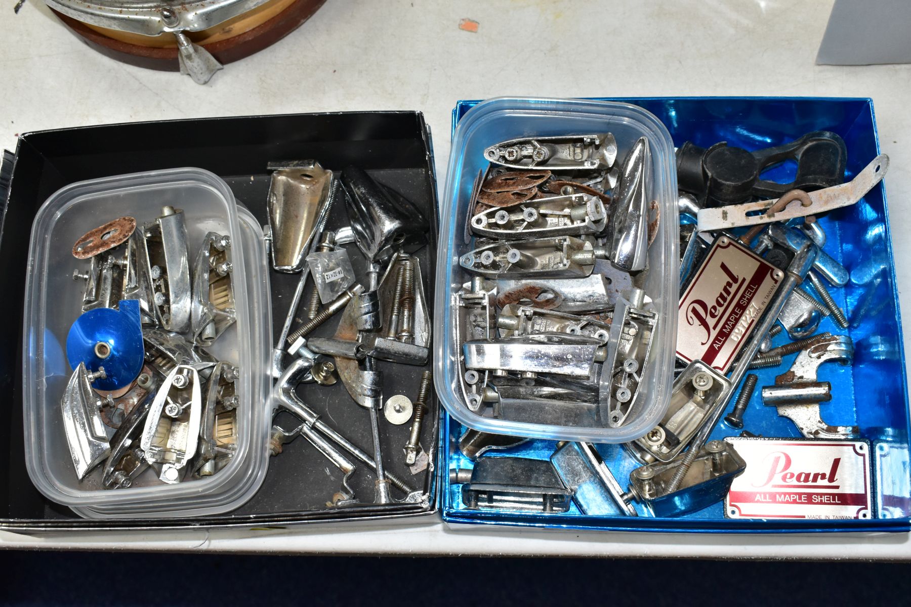 TWO TRAYS CONTAINING VINTAGE DRUM LUGS AND BOLTS, including Beverley, Pearl, etc