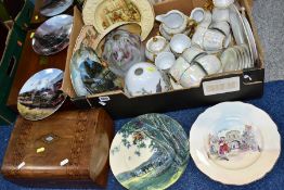 A BOX AND LOOSE CERAMICS, PICTURES, MIRROR, BOXES, ETC, to include inlaid mother of pearl work