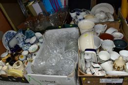 FIVE BOXES OF CERAMICS AND GLASSWARE, ETC, to include Delftware (sd) a pair of Royal Doulton cut