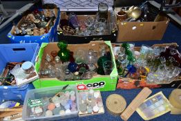 SIX BOXES OF ASSORTED GLASSWARE, METALWARE, ART AND CRAFT EQUIPMENT, etc, including coloured and