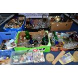 SIX BOXES OF ASSORTED GLASSWARE, METALWARE, ART AND CRAFT EQUIPMENT, etc, including coloured and