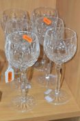 A SET OF SIX WATERFORD CRYSTAL LISMORE PATTERN HOCK GLASSES, etched marks, height 18.8cm (6) (