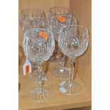 A SET OF SIX WATERFORD CRYSTAL LISMORE PATTERN HOCK GLASSES, etched marks, height 18.8cm (6) (