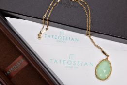 A 14CT GOLD, CHALCEDONY PENDANT NECKLACE, faceted green chalcedony pendant of a tear drop form,