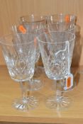 A SET OF SIX WATERFORD CRYSTAL LISMORE PATTERN LARGE WINE GLASSES, etched marks, height 17.8cm (