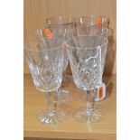 A SET OF SIX WATERFORD CRYSTAL LISMORE PATTERN LARGE WINE GLASSES, etched marks, height 17.8cm (