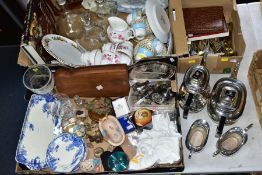 THREE BOXES OF CERAMICS, GLASSWARE, TREEN, SILVER PLATE, etc, including two etched glass goblets