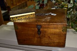 A STAINED PINE STORAGE BOX, cast metal handle, iron lock fittings and brass fittings to corner