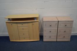 A PAIR OF ALSTONS THREE DRAWER BEDSIDE CABINETS, along with a modern beech sideboard (damaged