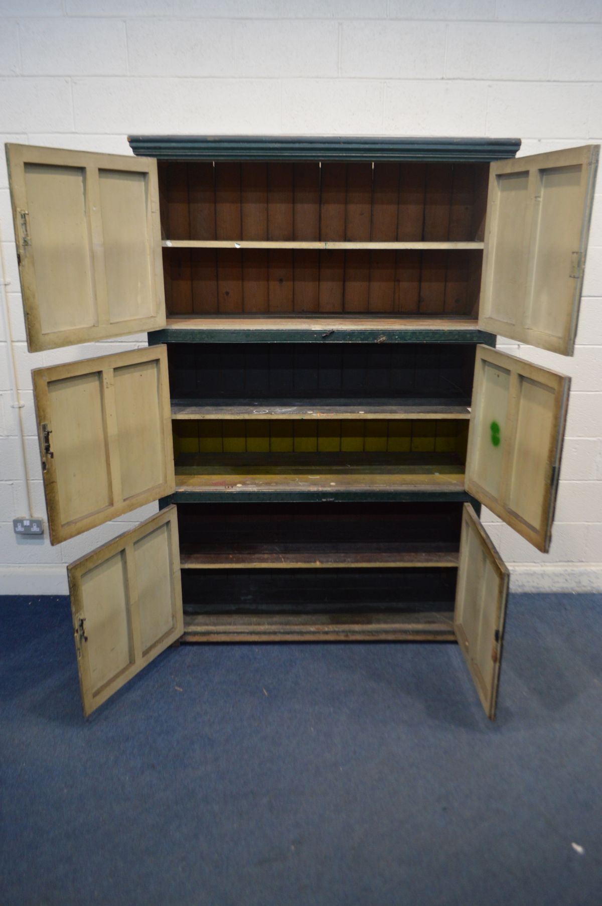 AN EARLY 20TH CENTURY GREEN PAINTED PINE HOUSE KEEPERS CUPBOARD,, with a fixed cornice, six doors - Image 4 of 4