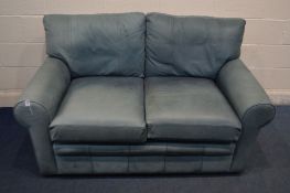 A CYAN LEATHER TWO SEATER SETTEE, length 158cm (in need of cleaning)