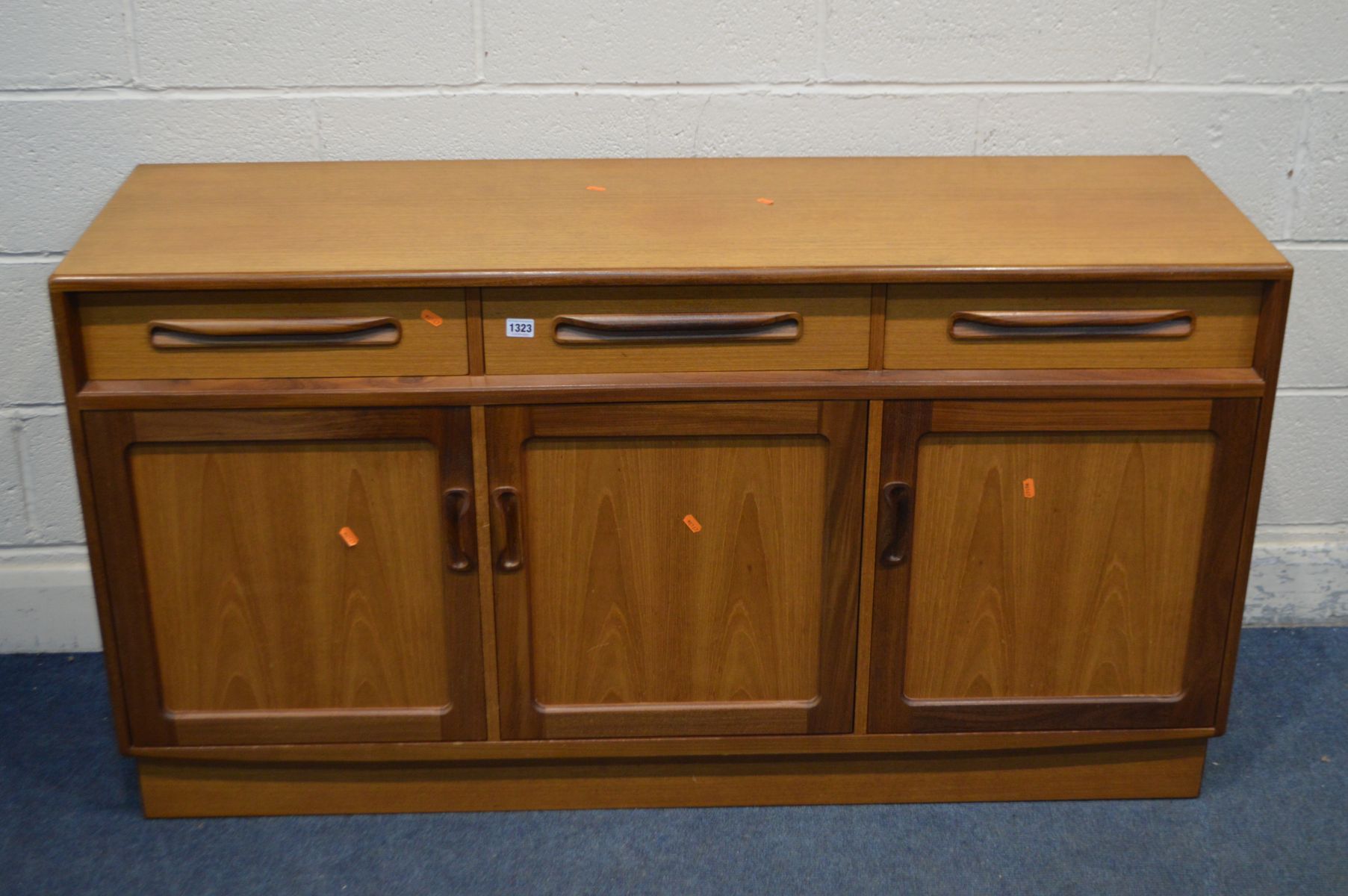 A G PLAN FRESCO TEAK SIDEBOARD with three drawers, width 142cm x depth 45cm x height 77cm